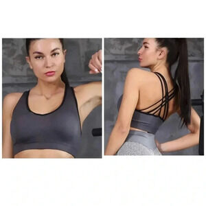🆕Women Seamless Padded Strappy Sports Bra Charcoal L🆕
